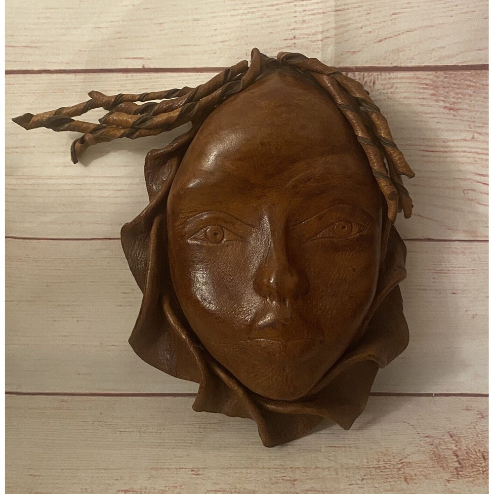 TRIBAL LEATHER MOLDED WOMANS FACE HAND TOOLED 10”x7” VINTAGE FOLK ART WALL DECOR